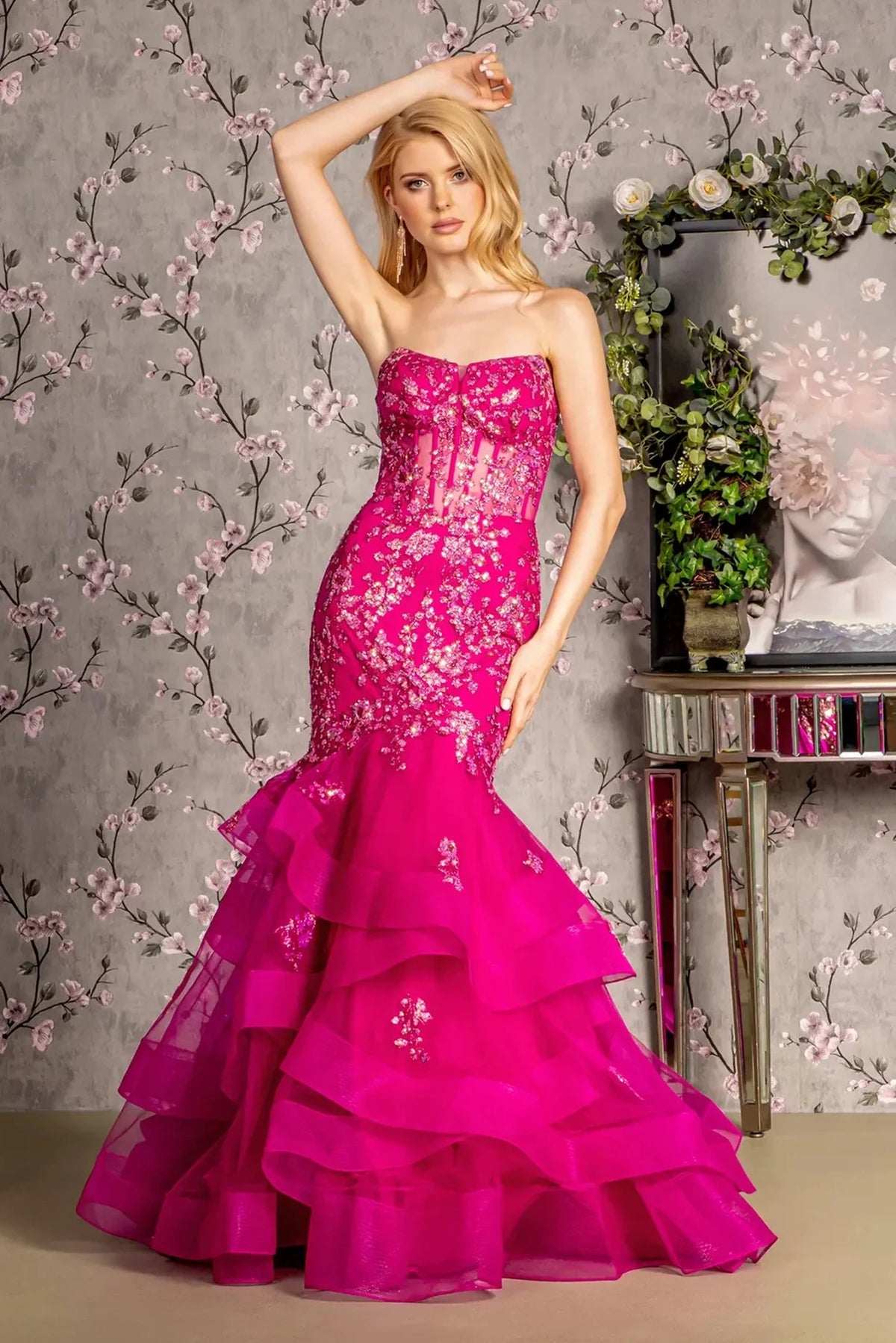 Magenta straight across prom evening dress upper front with glitter, sequin
