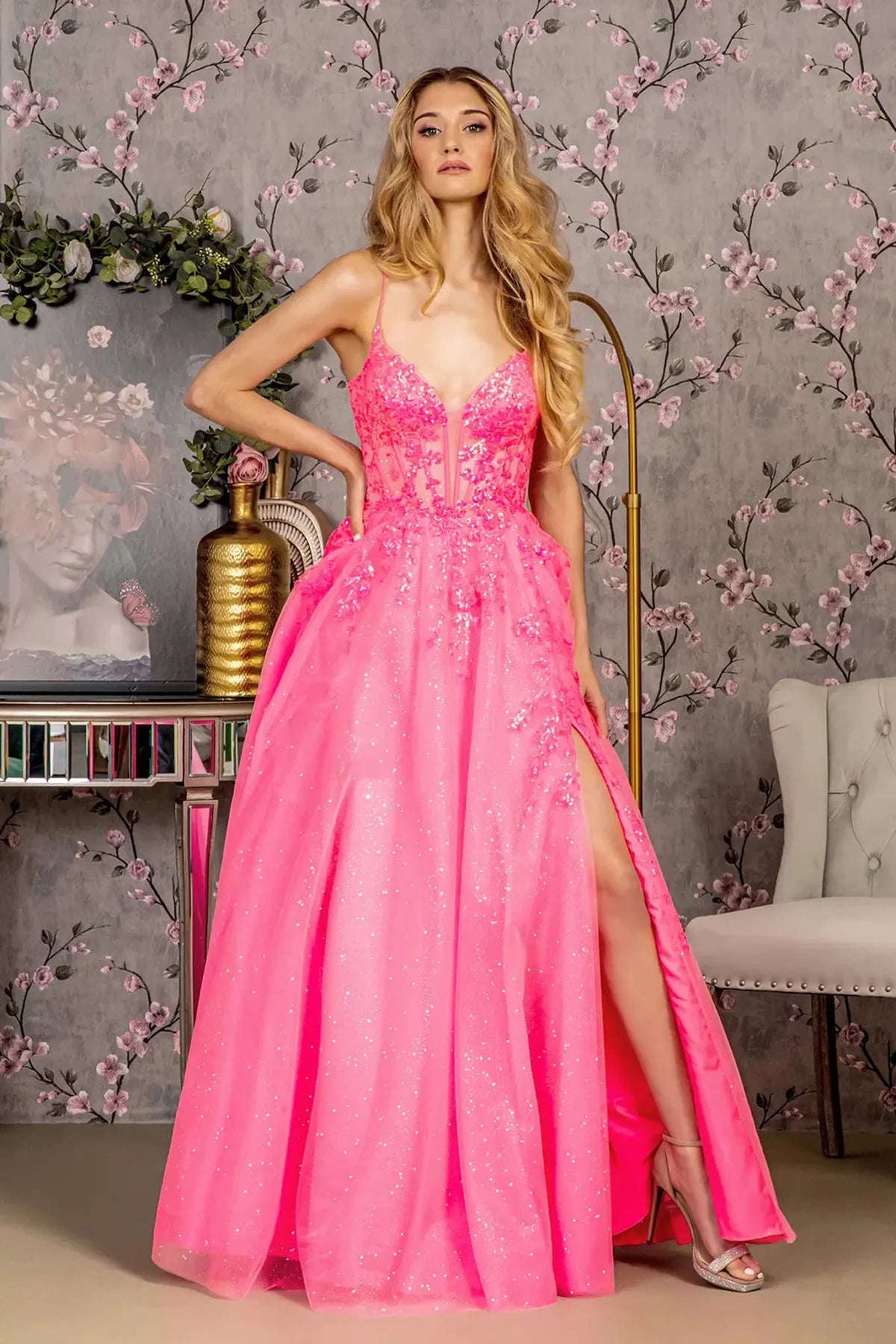Hot Pink sequin prom evening dress full front