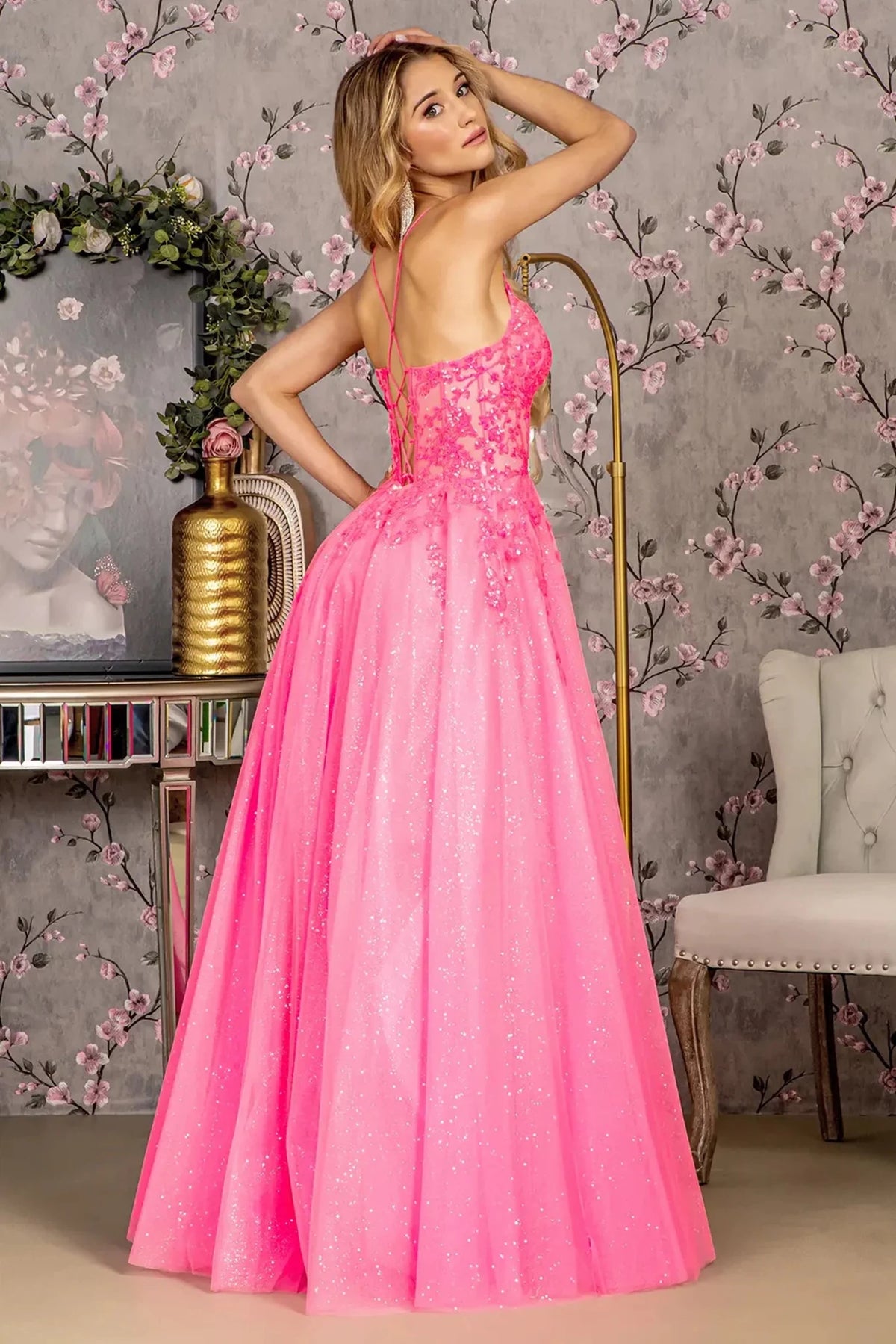 Hot Pink prom evening dress full back with lace-up back
