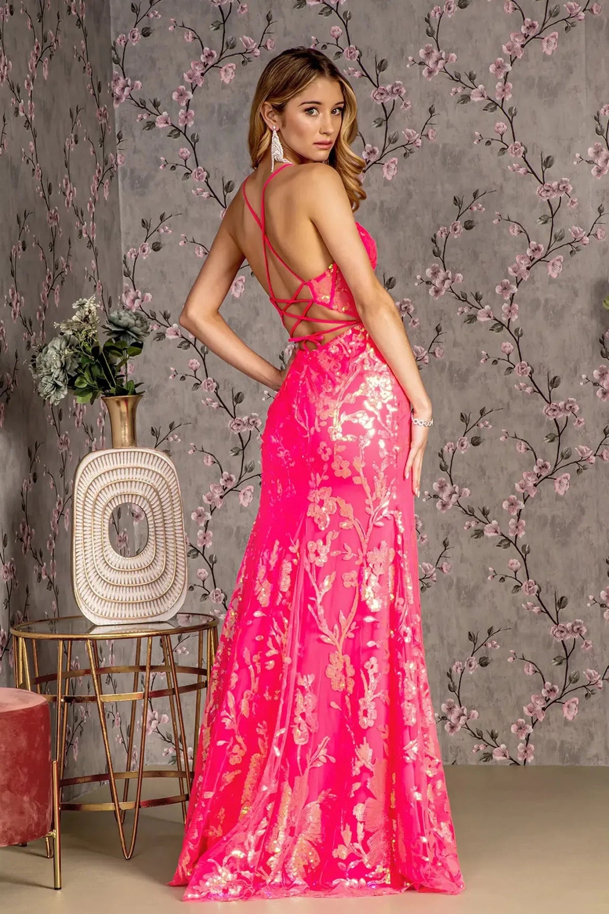 Hot Pink prom evening dress full back with lace-up back