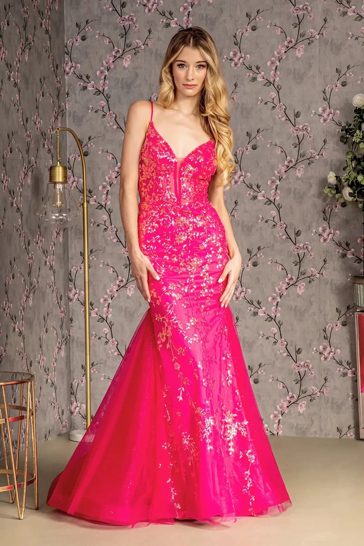 Fuchsia sequin prom evening dress full front