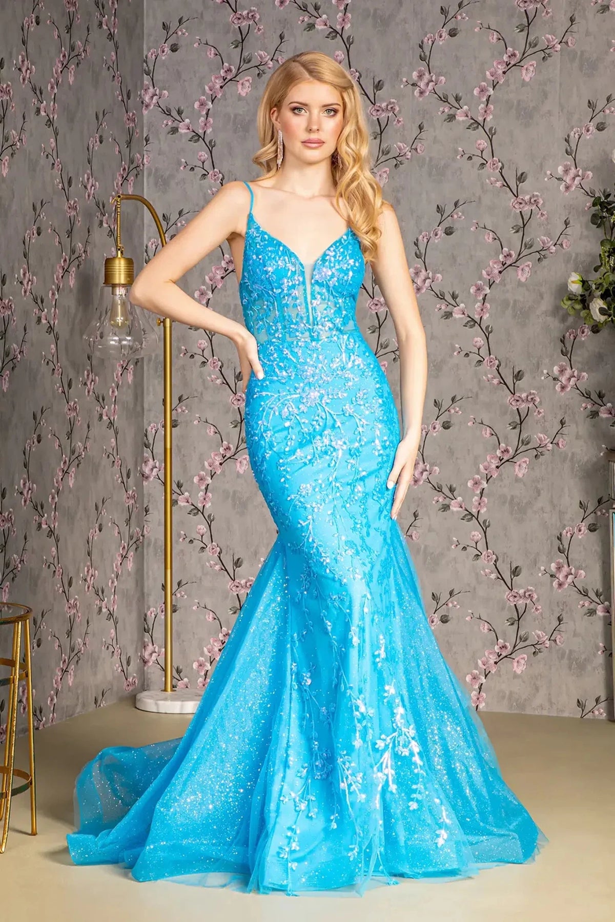 Turquoise sequin prom evening dress full front