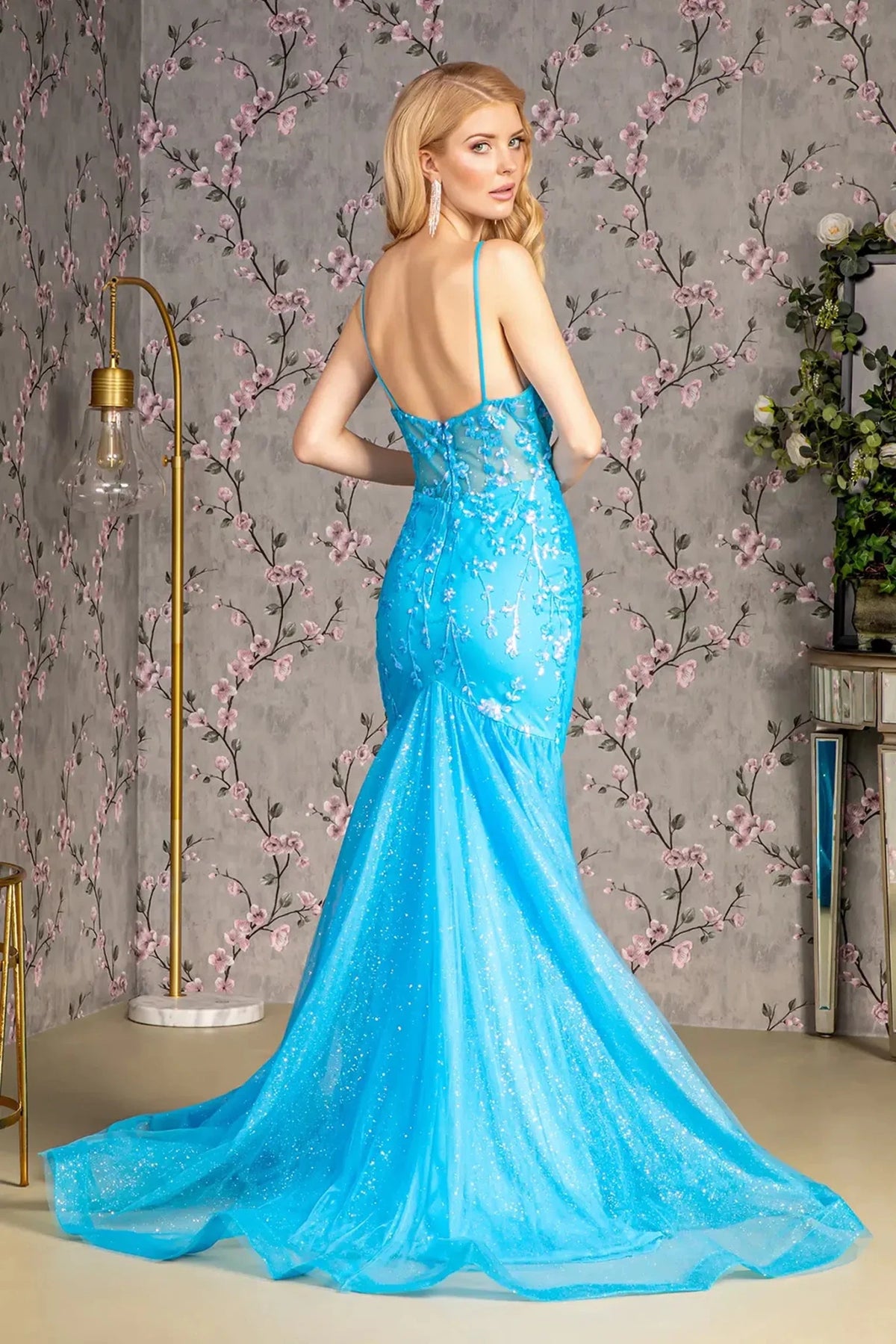 Turquoise prom evening dress full back with open back