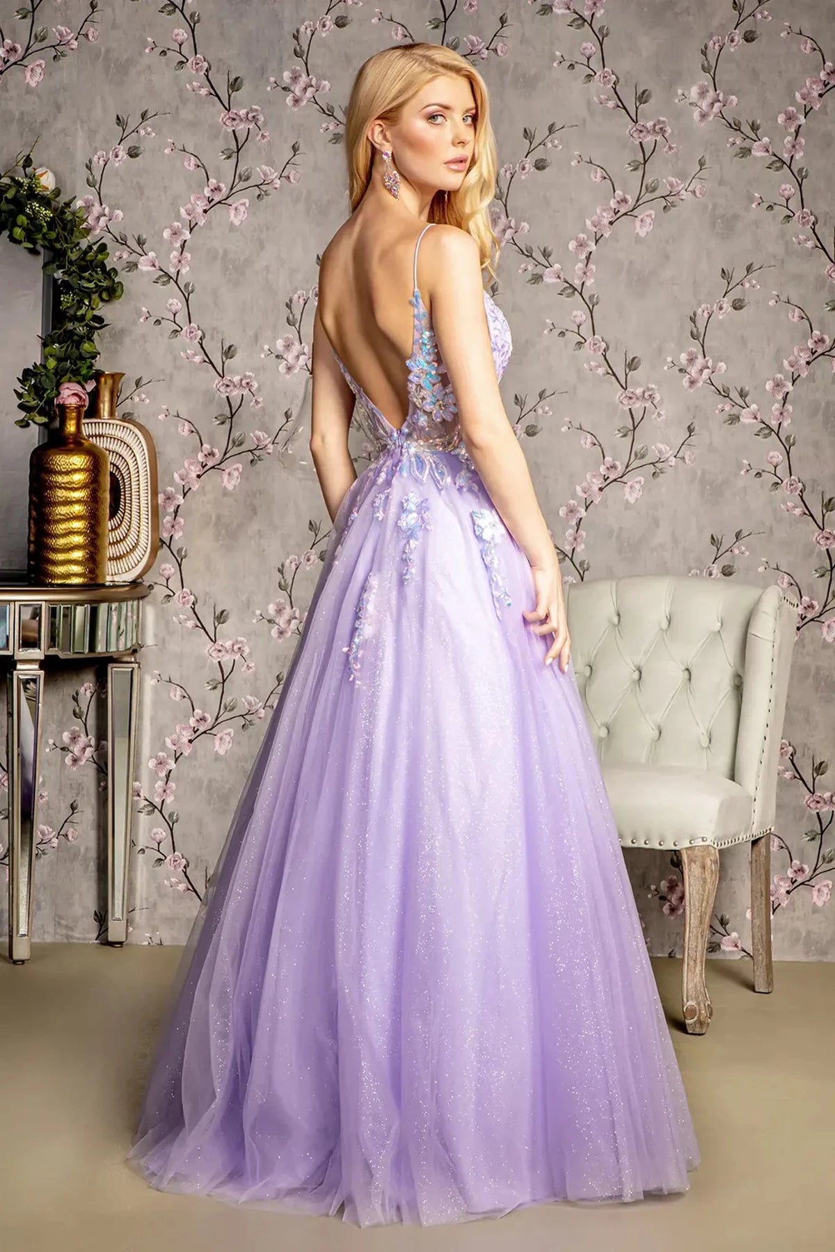 Lilac prom evening dress full back with open back