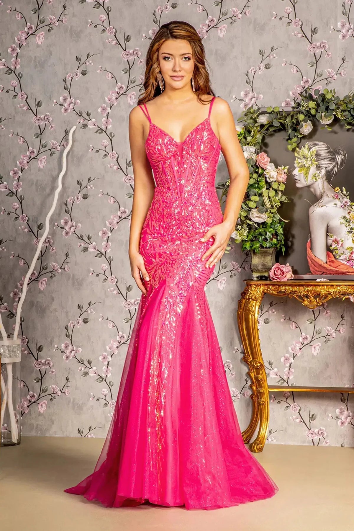 Hot Pink sequin prom evening dress full front