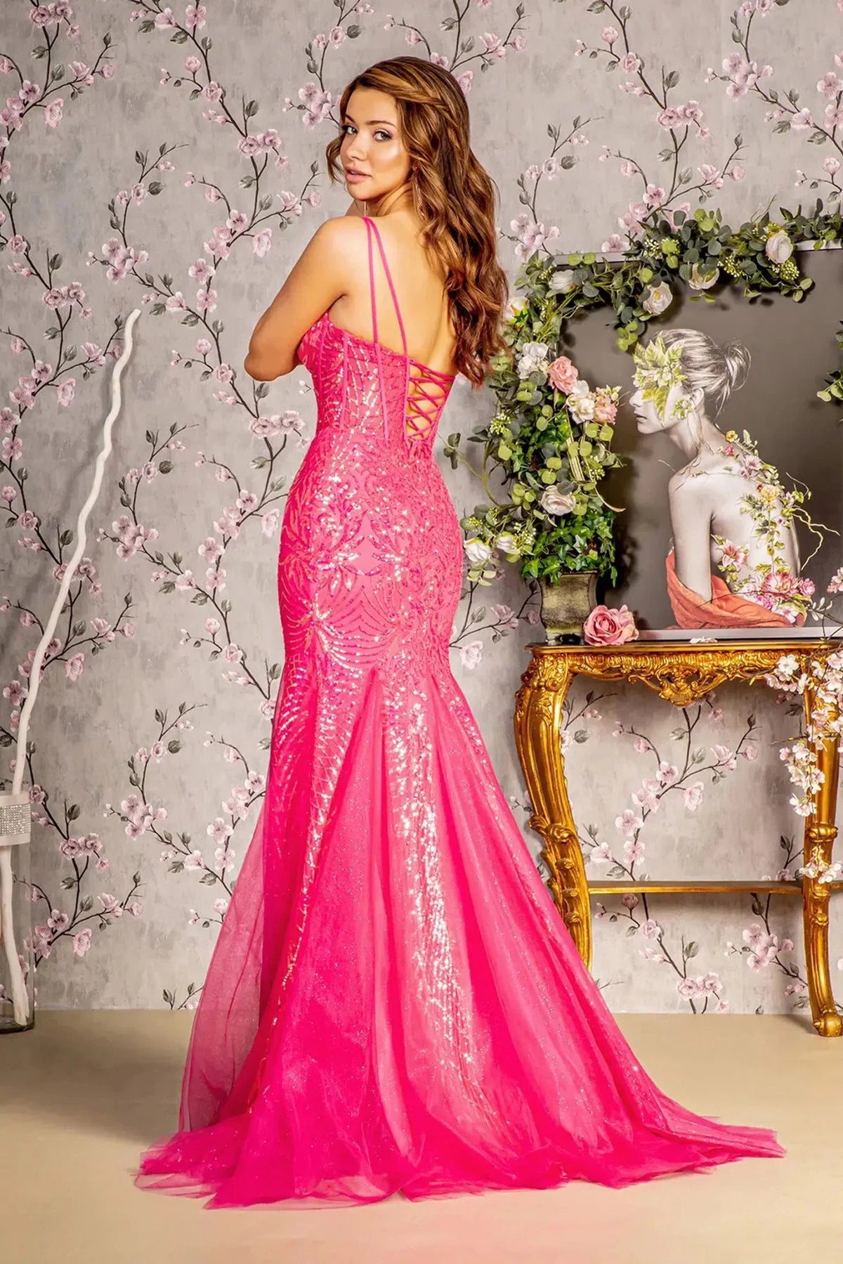 Hot Pink prom evening dress full back with lace-up back