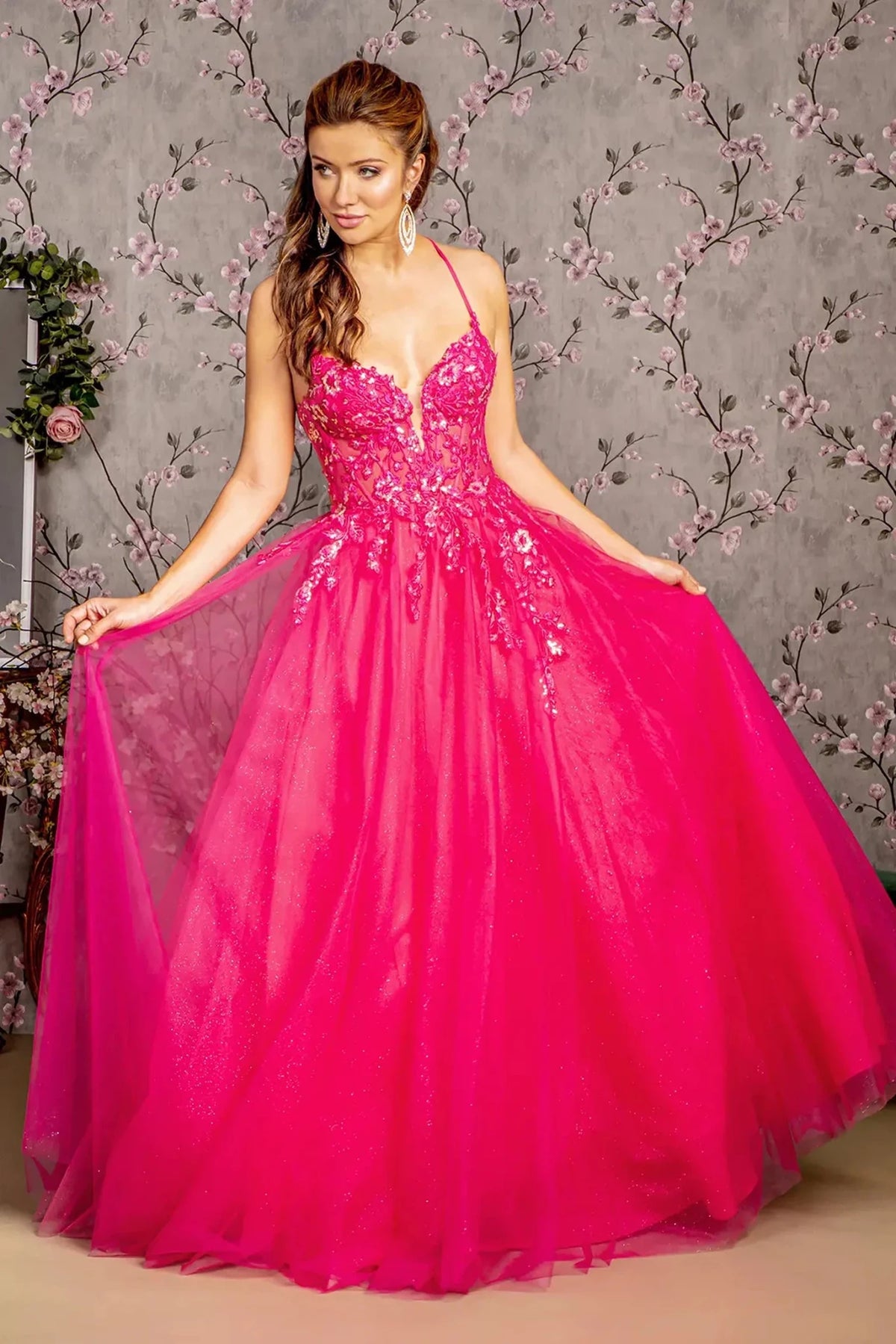 Hot Pink embroidered prom evening dress full front
