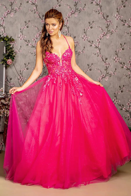 Full-length front view shows embroidered styling on the Hot Pink prom evening dress.