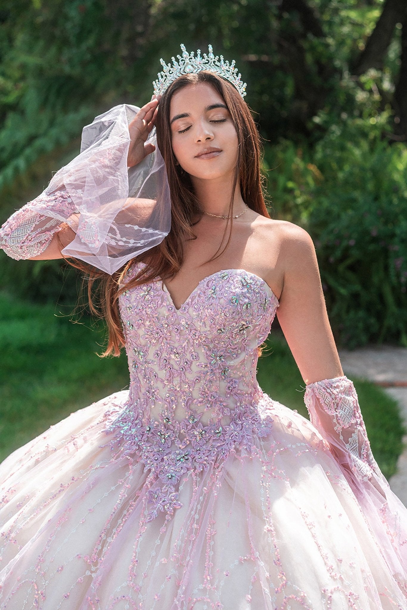 Front Close-Up of Lilac Champagne Itzel Quince Dress with Jewel & Sequin Mesh and Detachable Long Sleeves