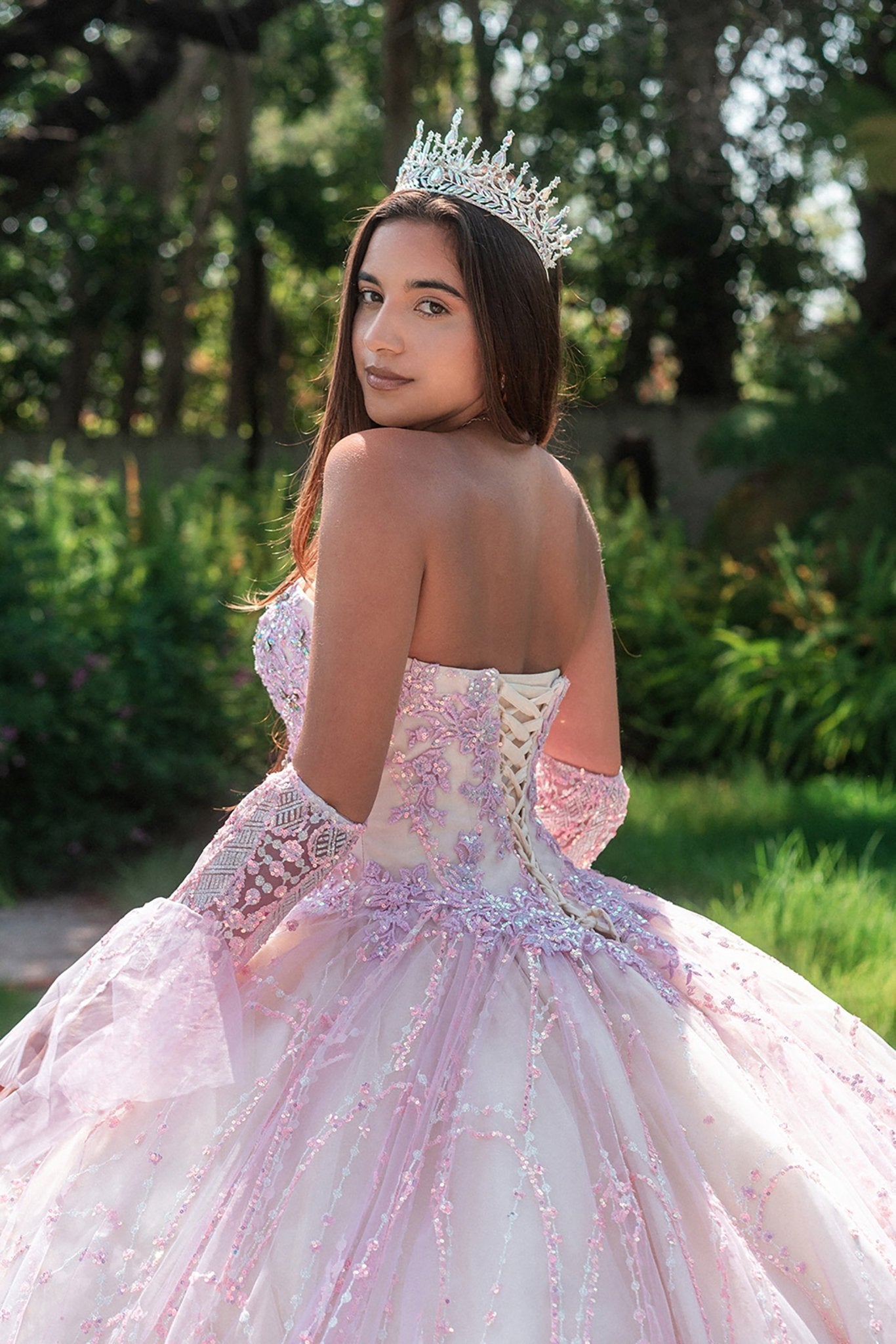 Back View of Lilac Champagne Itzel Quince Ball Gown with Sequin Mesh and Removable Long Sleeves