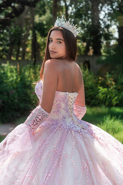 Back View of Lilac Champagne Itzel Quince Ball Gown with Sequin Mesh and Removable Long Sleeves