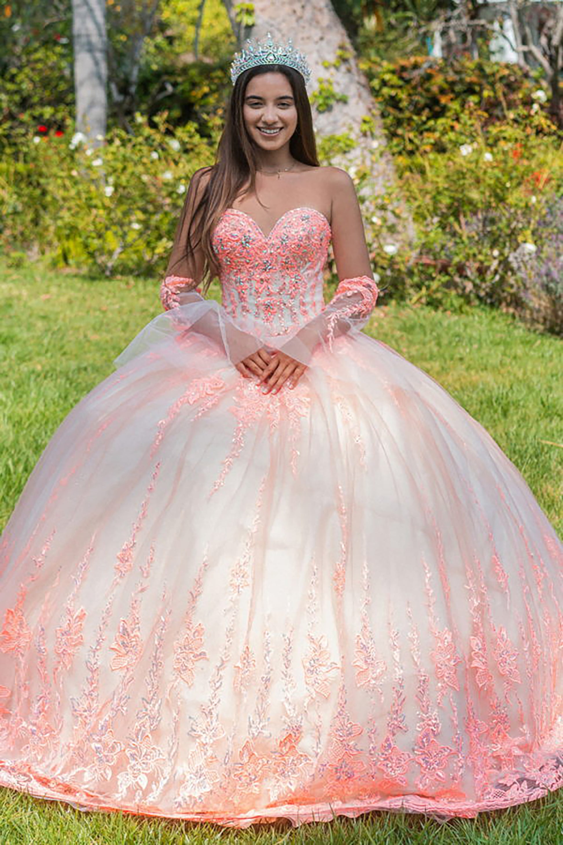 Orange/Champagne Jewel Sequin Sweetheart Mesh Quince Ball Gown w/ Long Sheer Sleeves front view