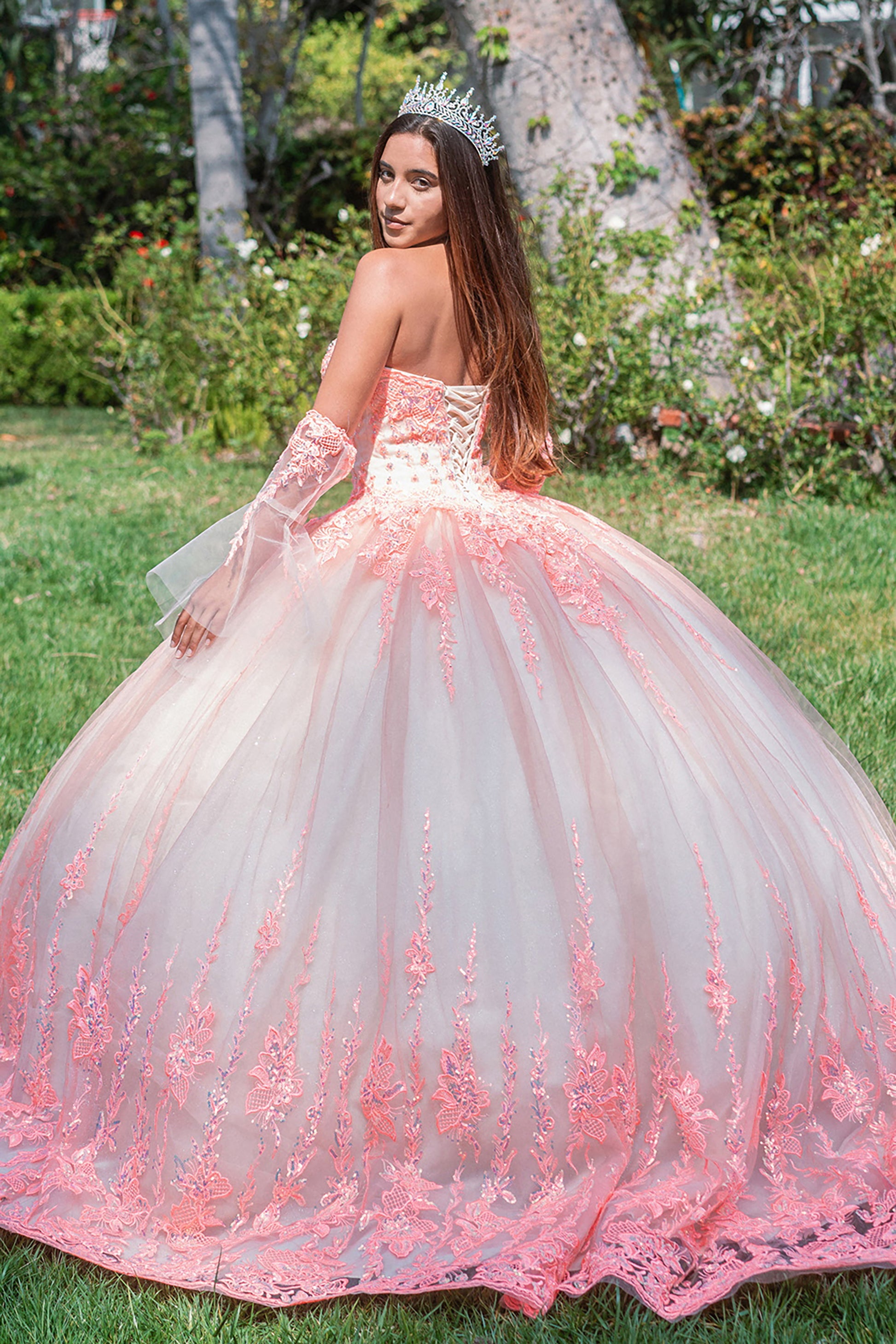 Orange/Champagne Jewel Sequin Sweetheart Mesh Quince Ball Gown w/ Long Sheer Sleeves  back view