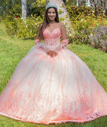 Orange Champagne Jewel Sequin Sweetheart Mesh Quince Ball Gown w/ Long Sheer Sleeves front
