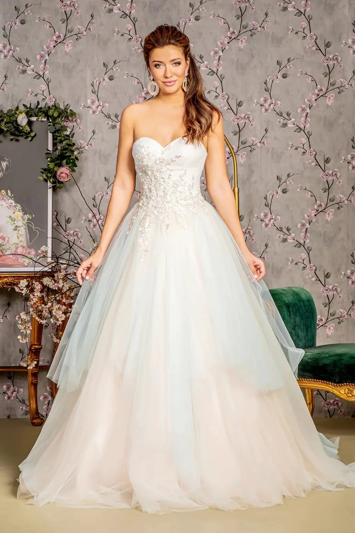 Pink beaded strapless prom evening dress full front