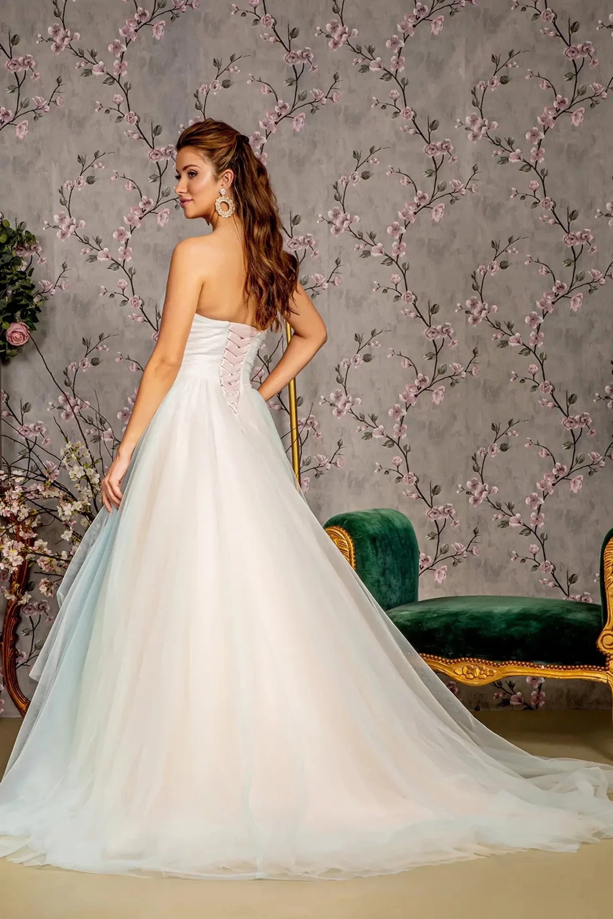 Pink prom evening dress full back with lace-up back