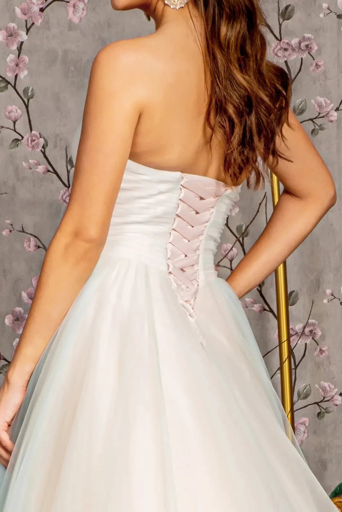 Pink prom evening dress strapless bodice detail