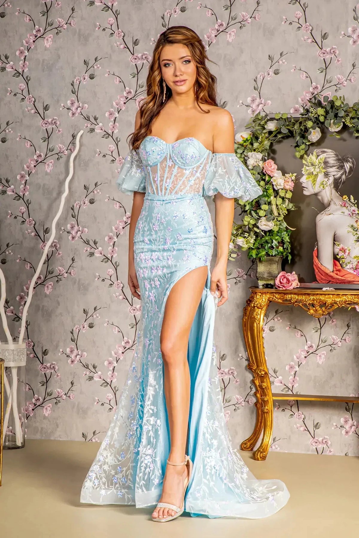 Baby Blue sequin strapless prom evening dress full front