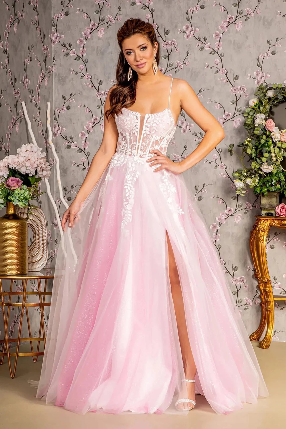 Light Pink appliqué prom evening dress full front