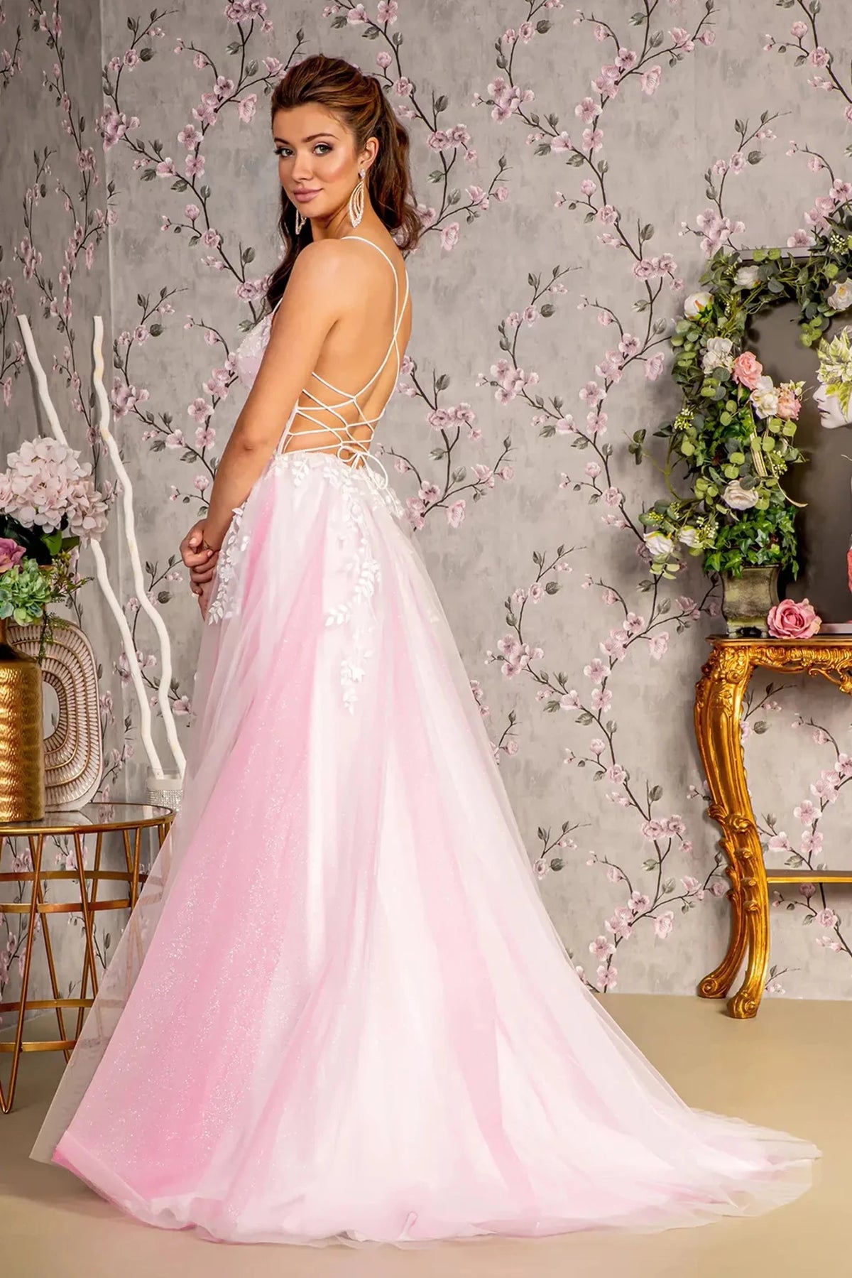 Light Pink prom evening dress full back with lace-up back