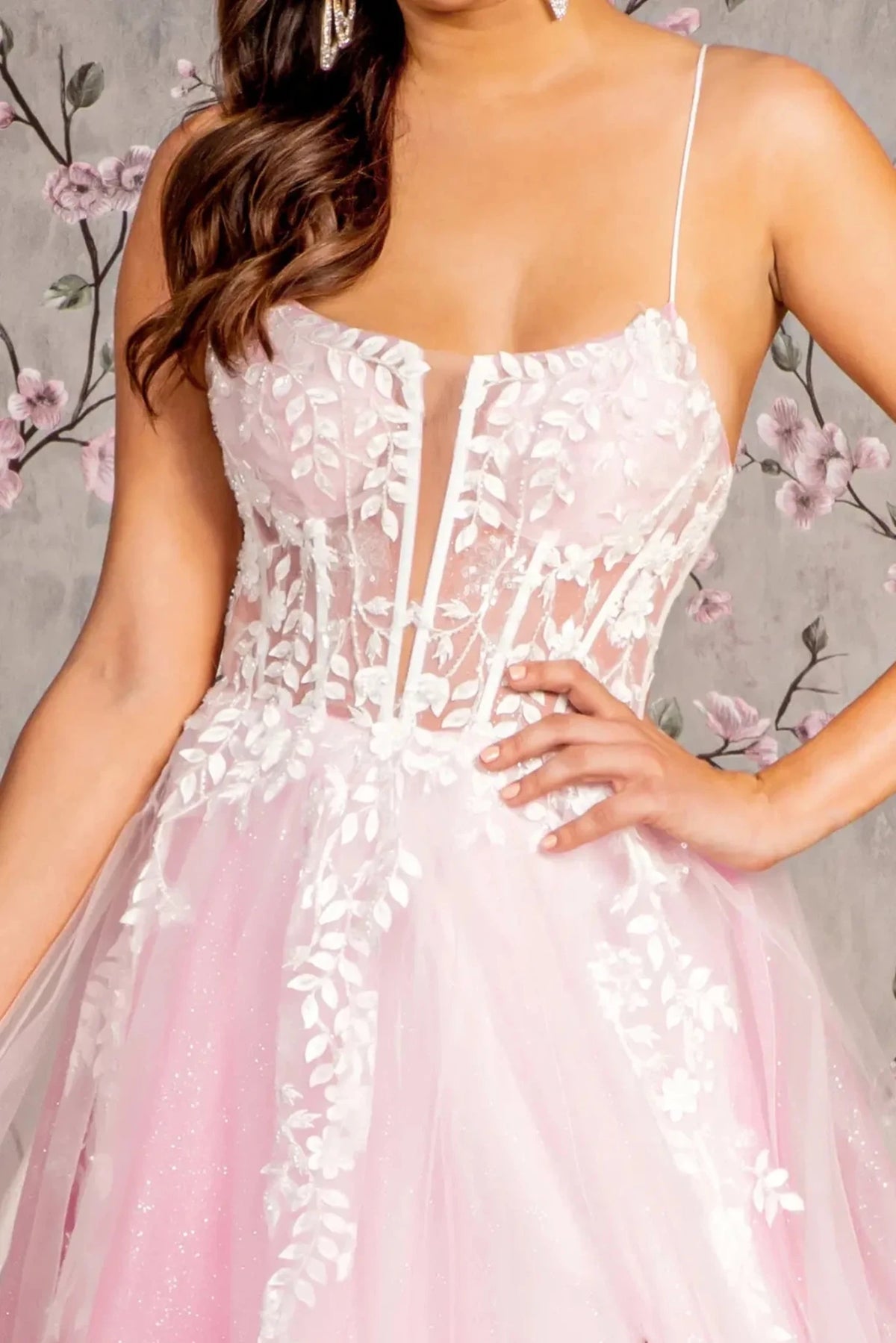Light Pink straight across prom evening dress upper front with applique, beads, embroidery, glitter, sequin