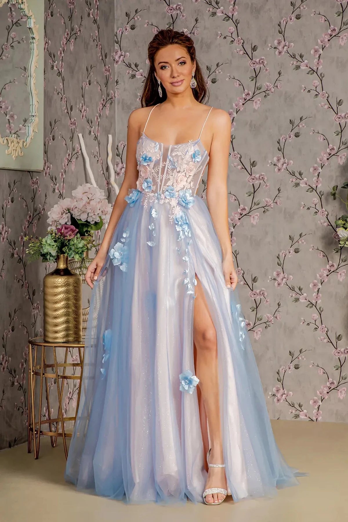 Blue/Peach appliqué prom evening dress full front
