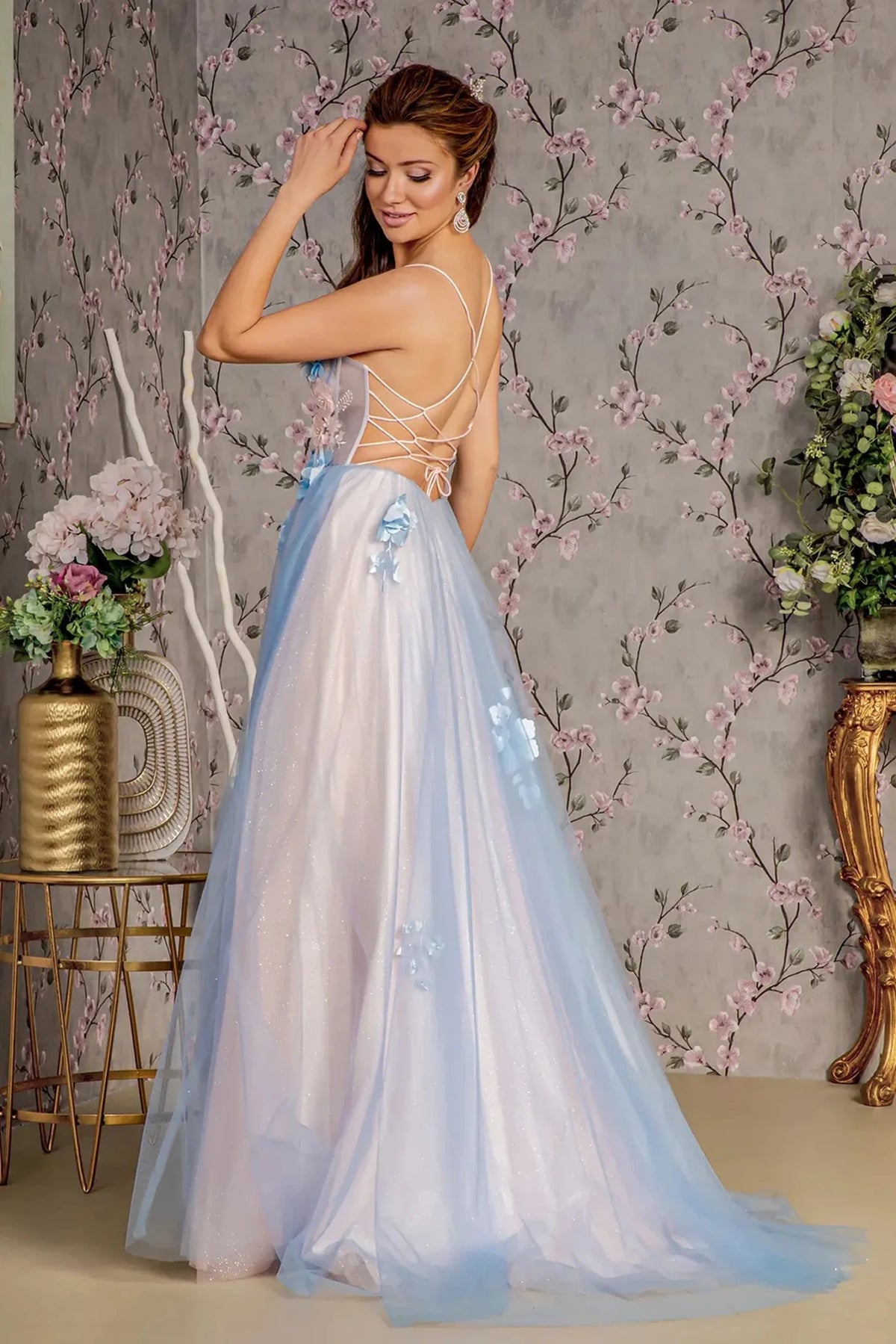 Blue/Peach prom evening dress full back with lace-up back