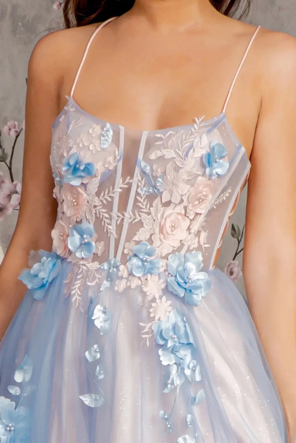 Blue/Peach straight across prom evening dress upper front with applique, embroidery, glitter, jewel