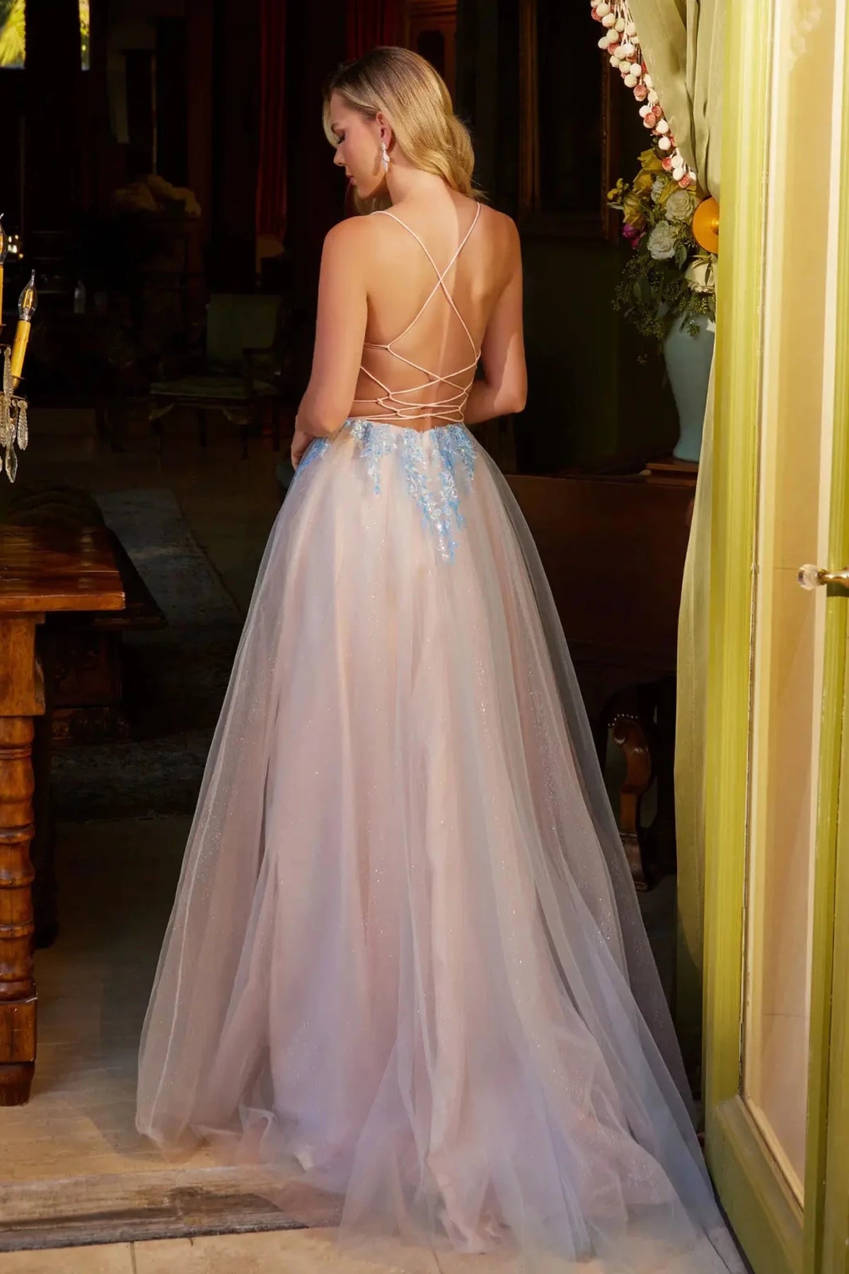 Blue/Peach prom evening dress full back with lace-up back