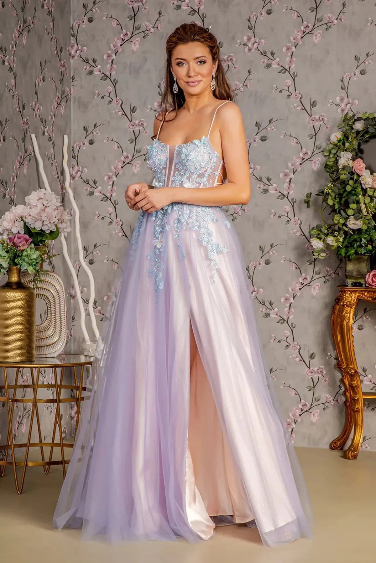 Smoky Blue/Peach appliqué prom evening dress full front