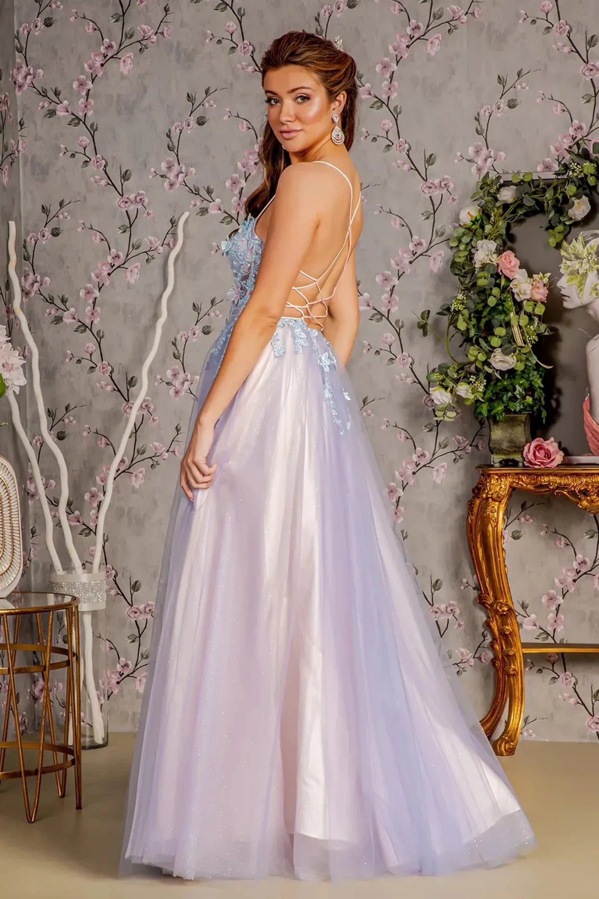 Smoky Blue/Peach prom evening dress full back with lace-up back