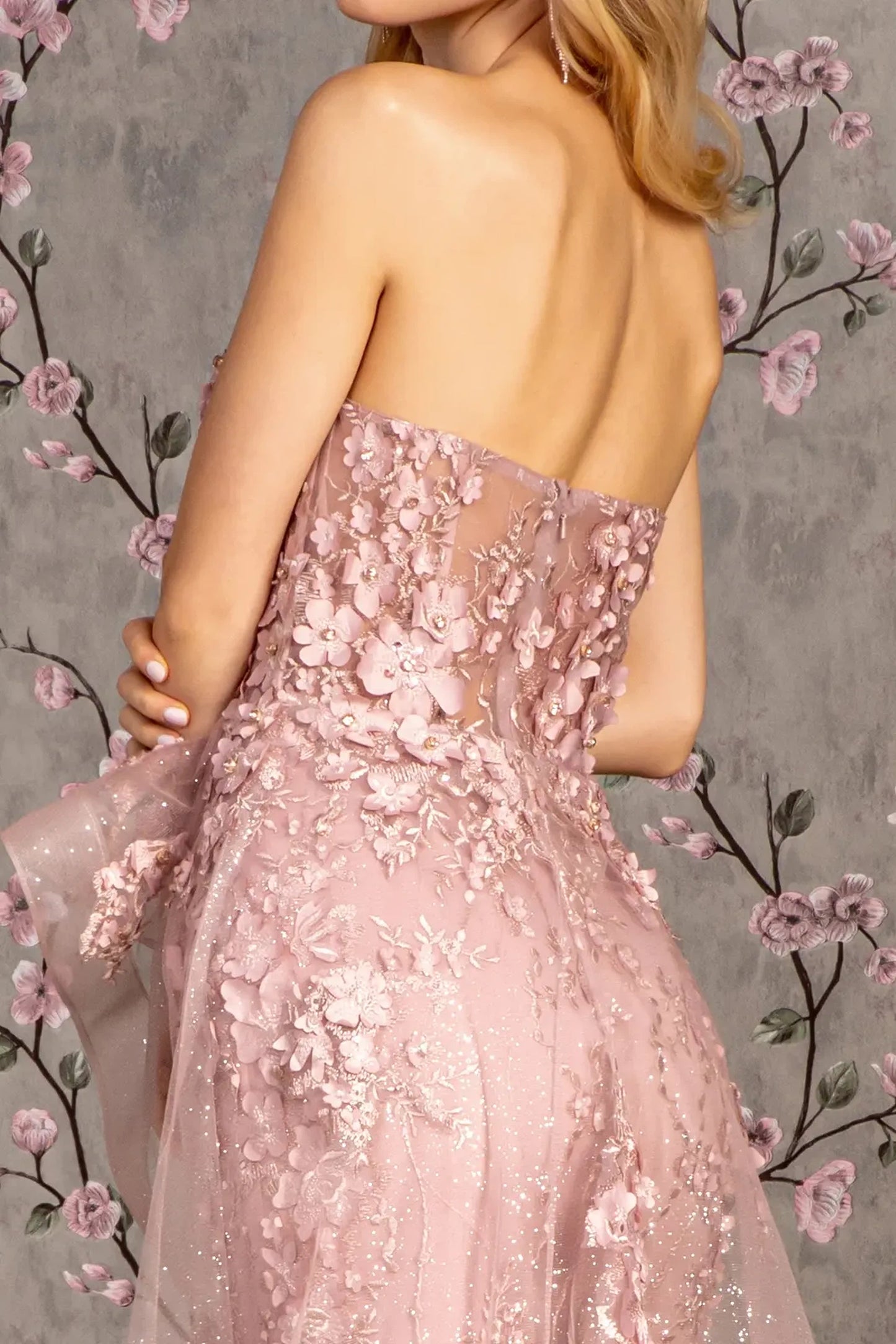 Mauve mother of the bride dress featuring open back bodice finished with applique, beads, embroidery, glitter, jewel, sequin