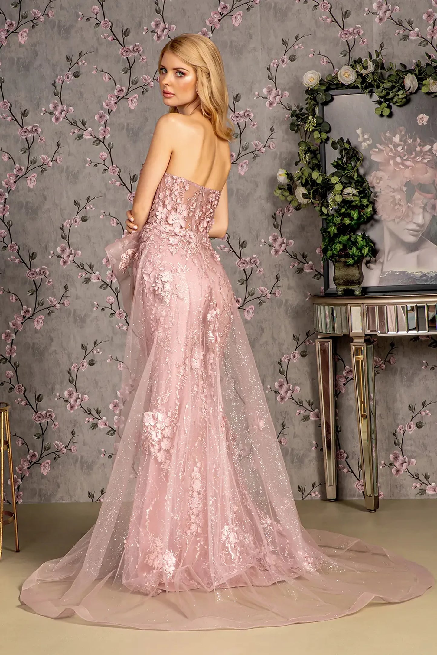 Mauve mother of the bride dress featuring mesh skirt with mermaid shaping and applique, beads, embroidery, glitter, jewel, sequin