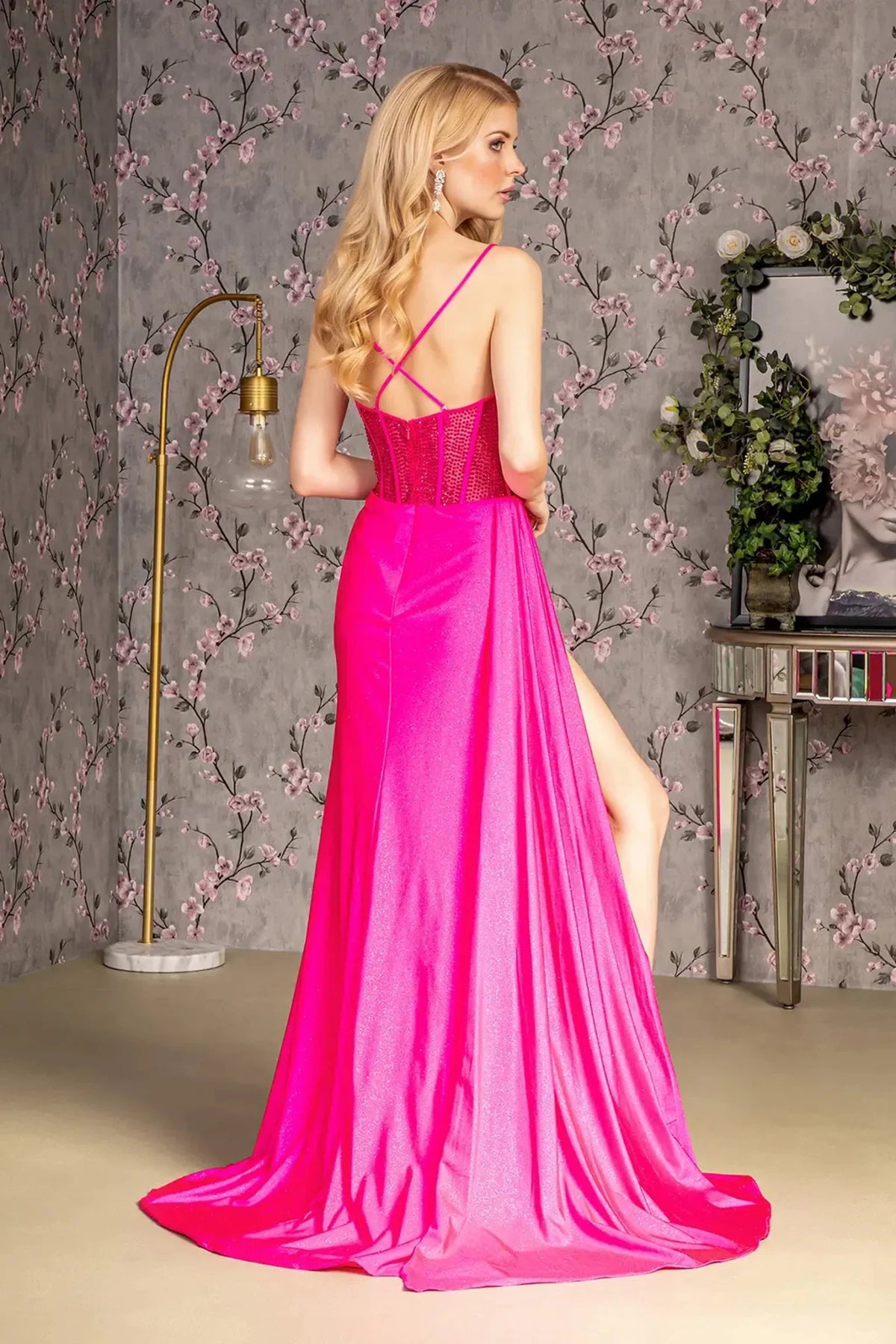 Fuchsia prom evening dress full back with open back
