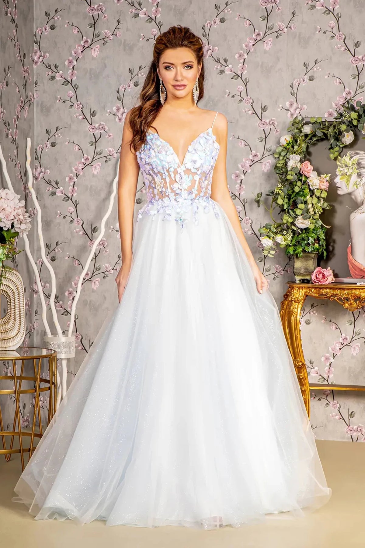 Blue appliqué prom evening dress full front