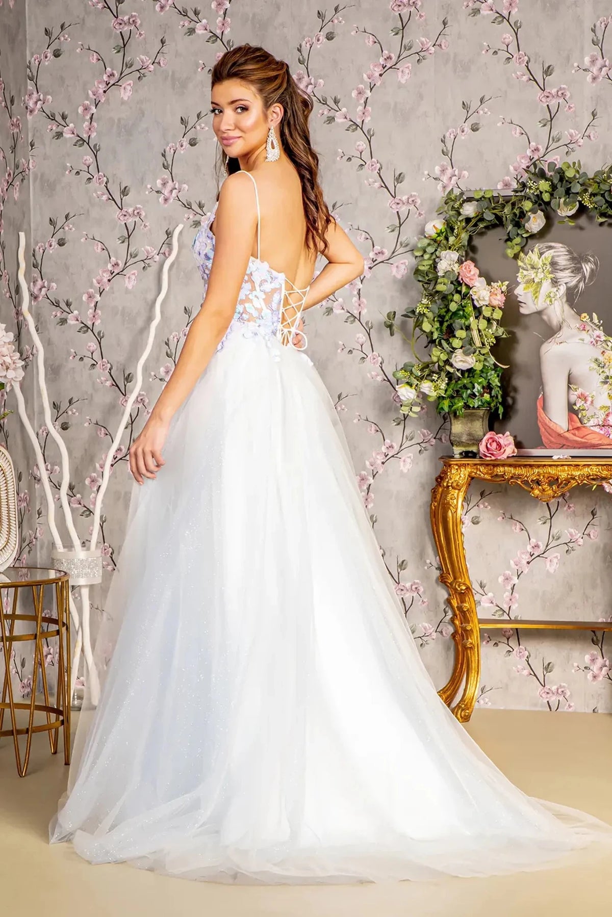 Blue prom evening dress full back with lace-up back
