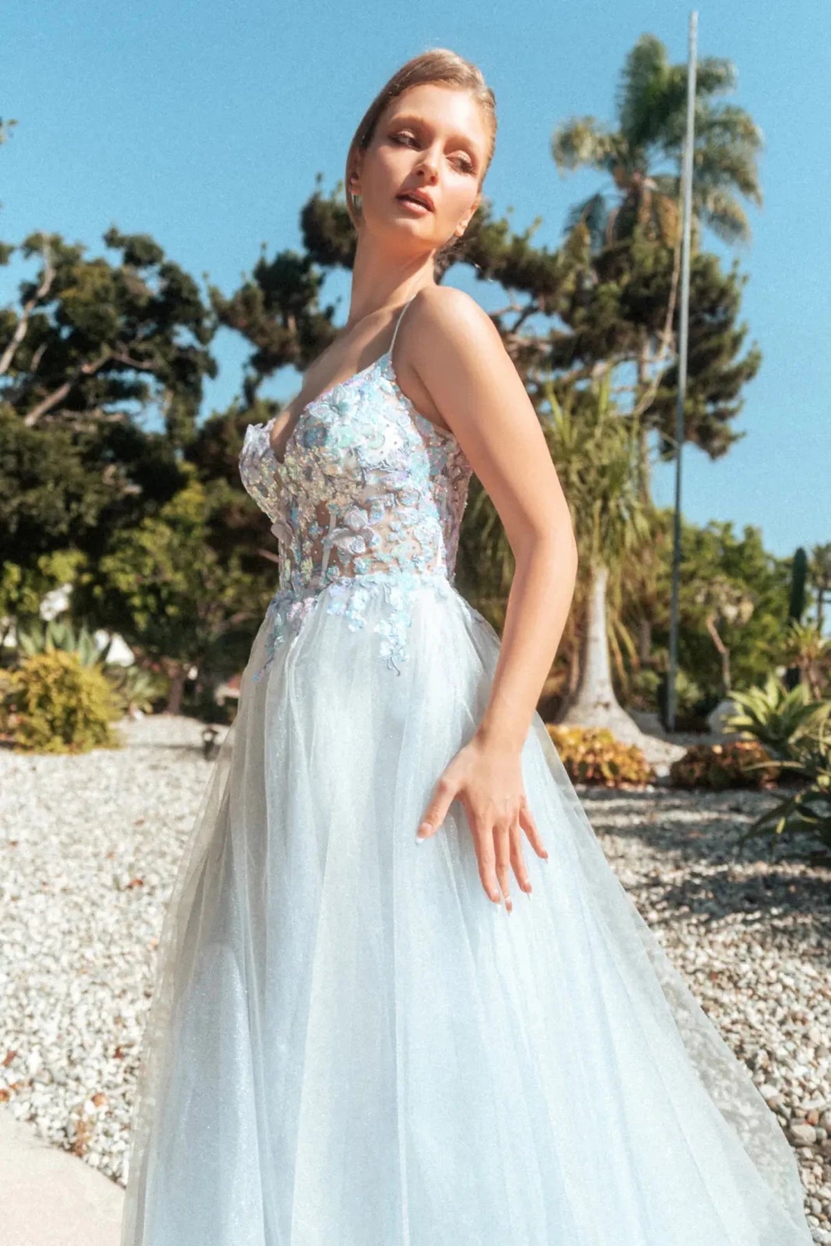 Blue prom evening dress spaghetti strap bodice detail