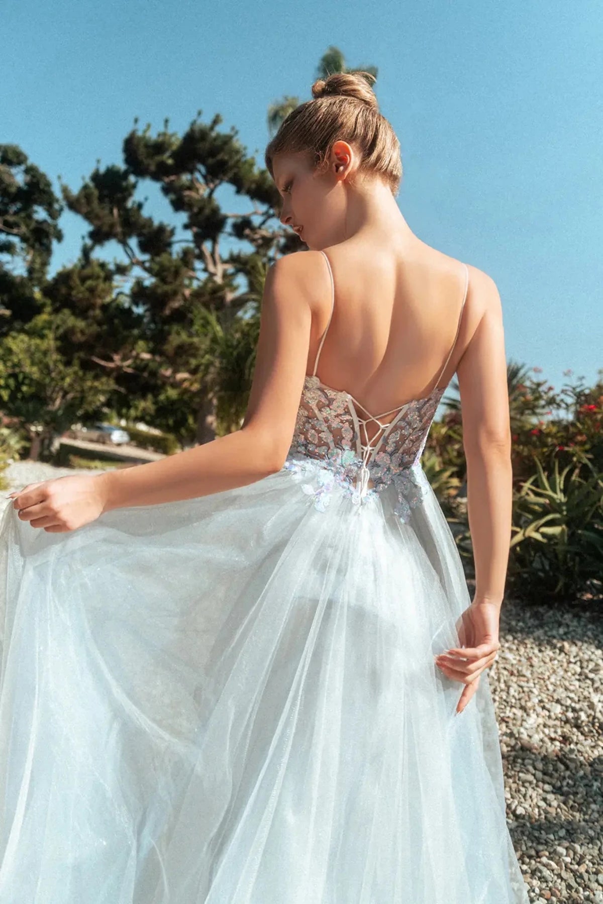 Blue prom evening dress applique, beads, embroidery, glitter, sequin detail