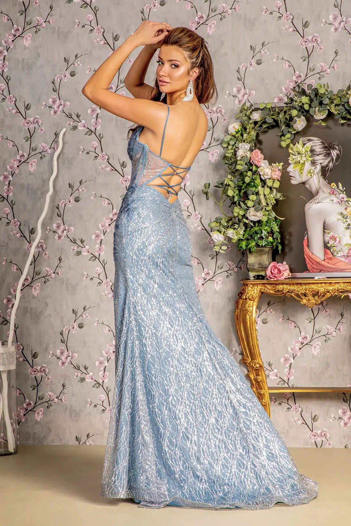 Smoky Blue prom evening dress full back with lace-up back