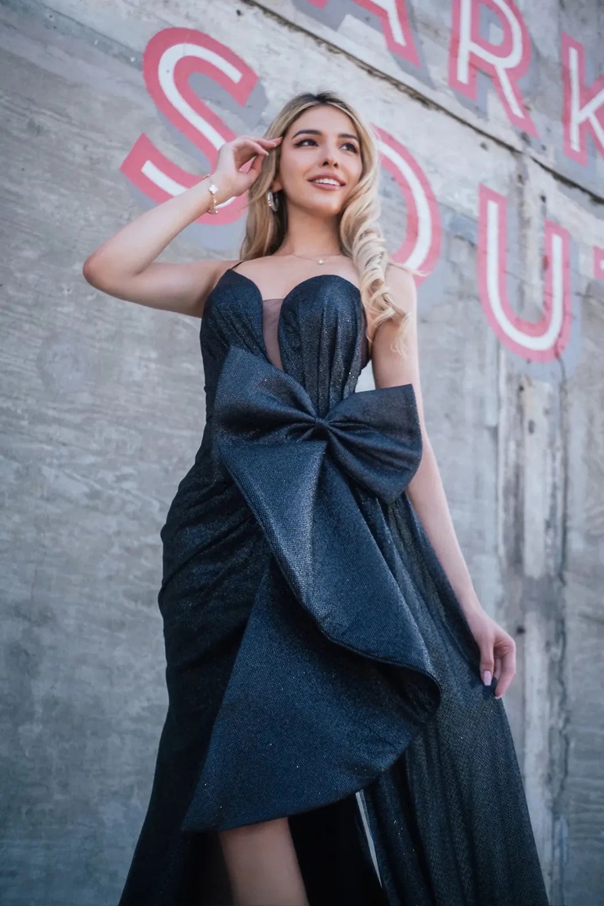 Black prom evening dress glitter crepe train detail