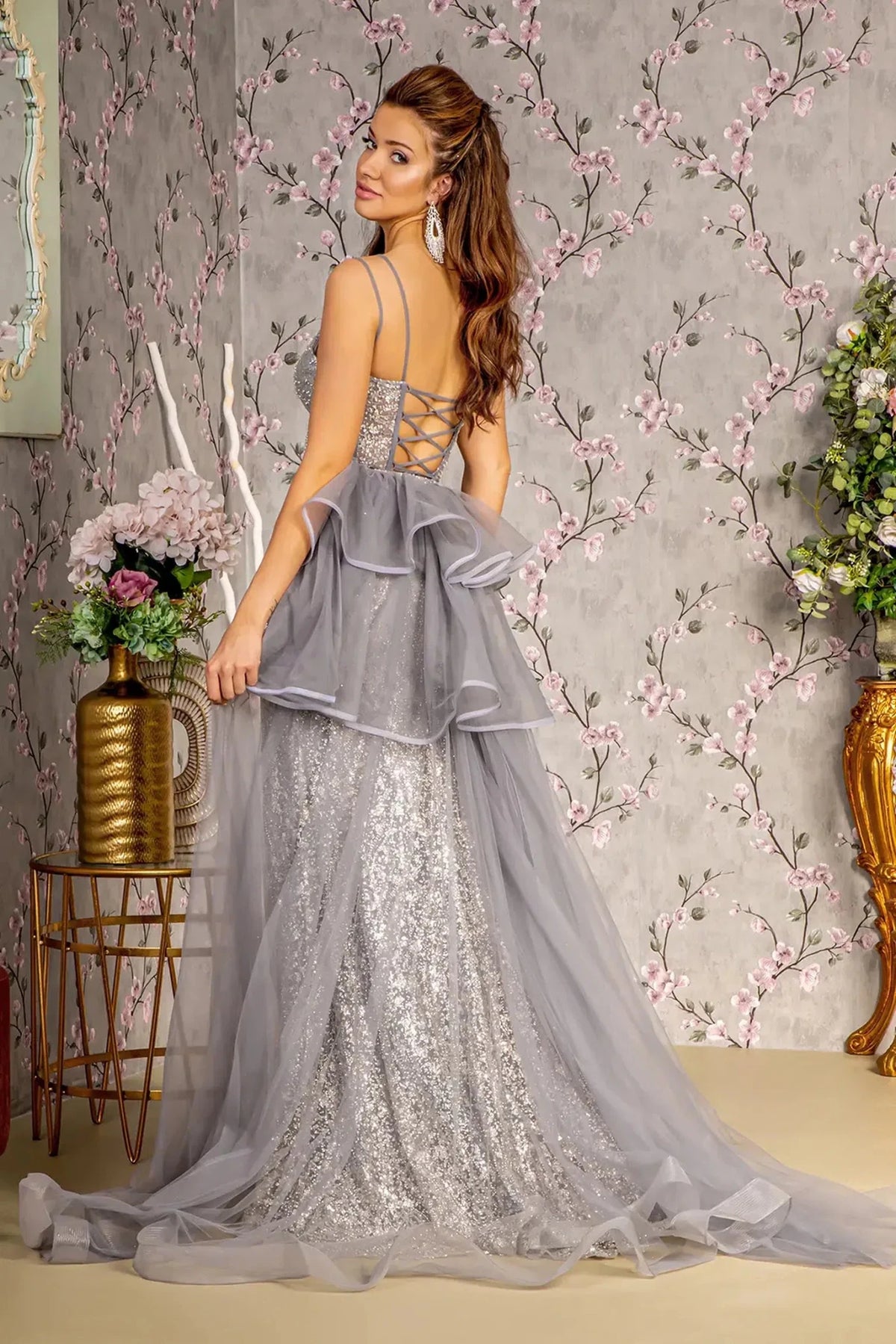 Silver prom evening dress full back with lace-up back