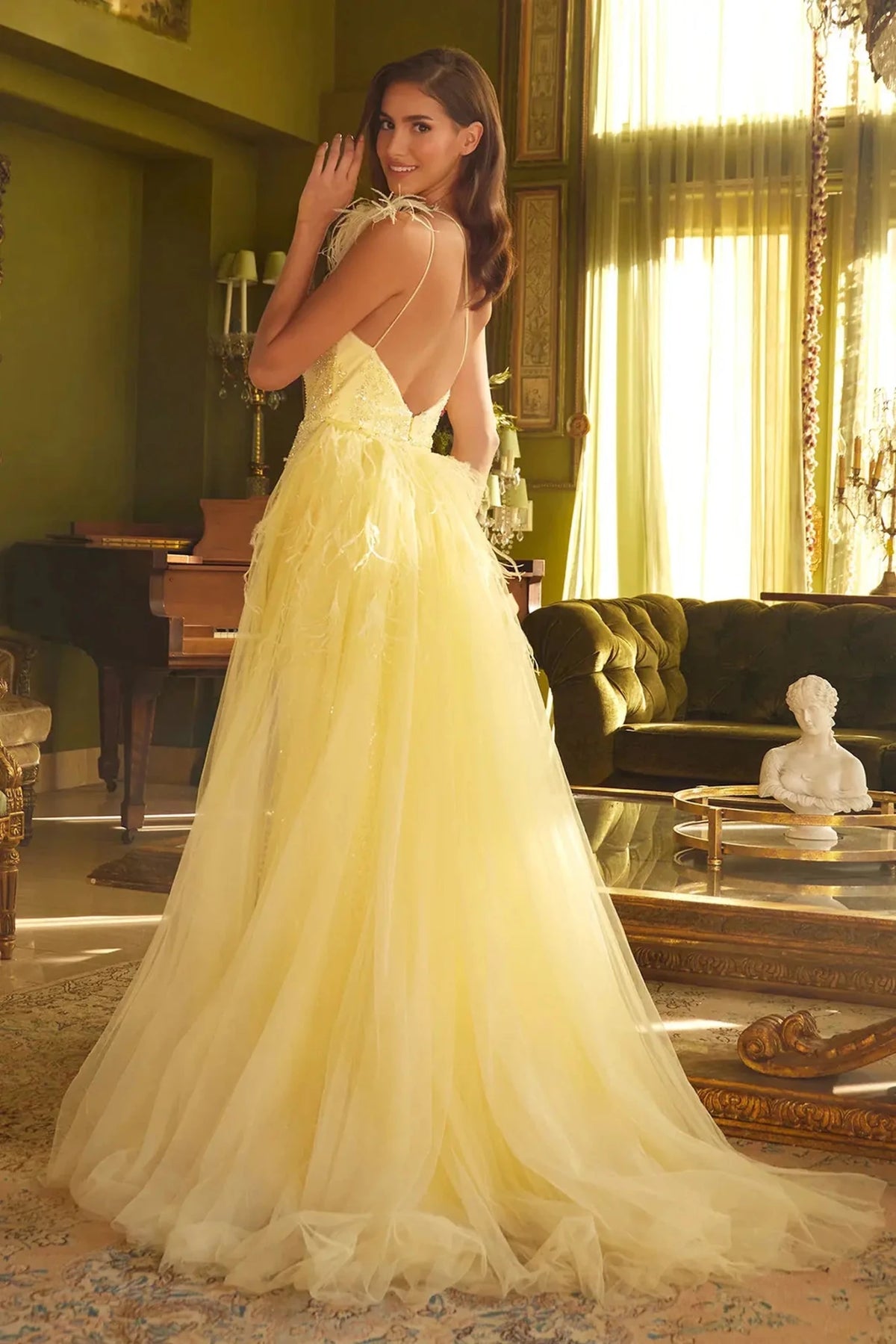 Light Yellow prom evening dress full back with open back
