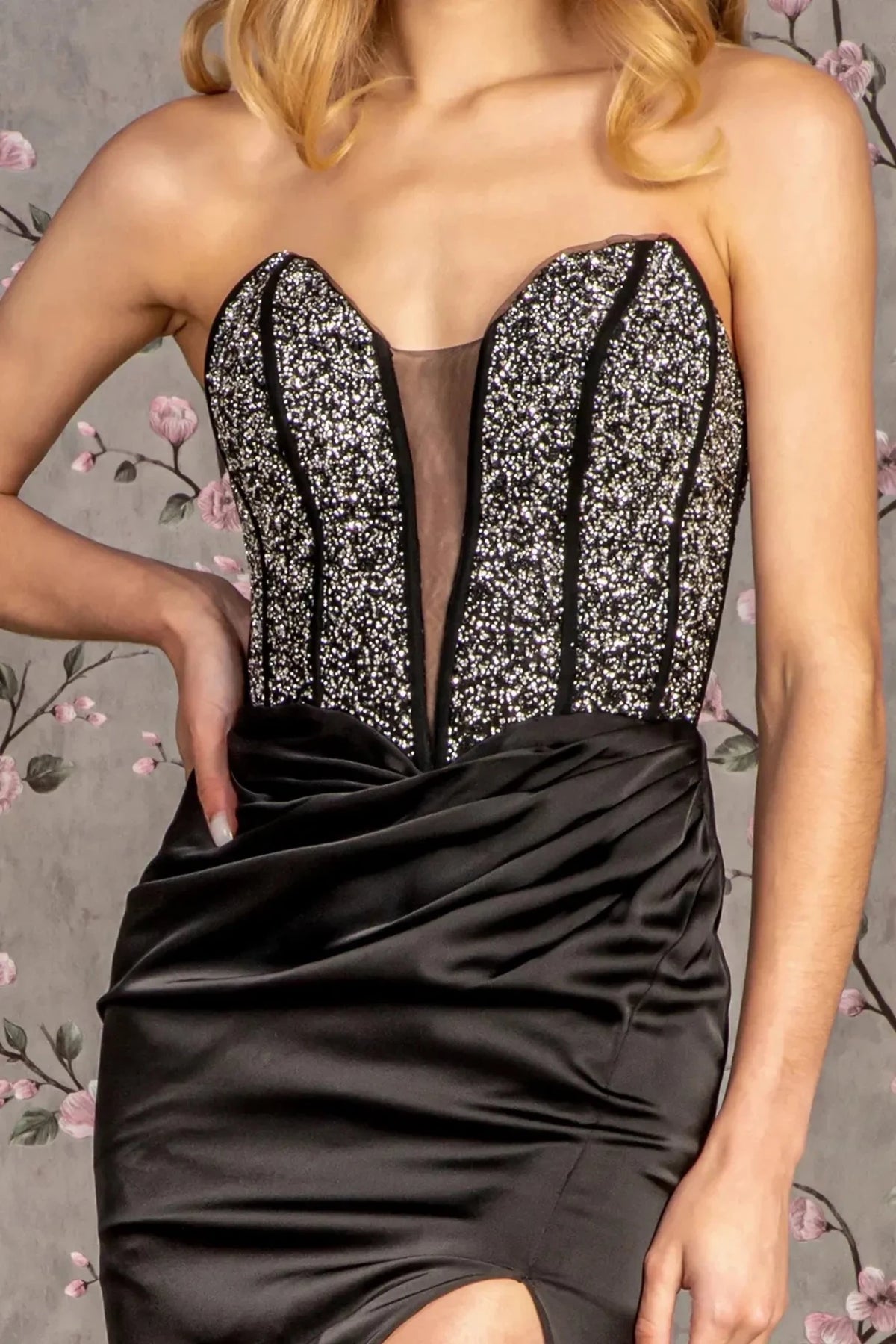 Black illusion sweetheart prom evening dress upper front with beads, jewel