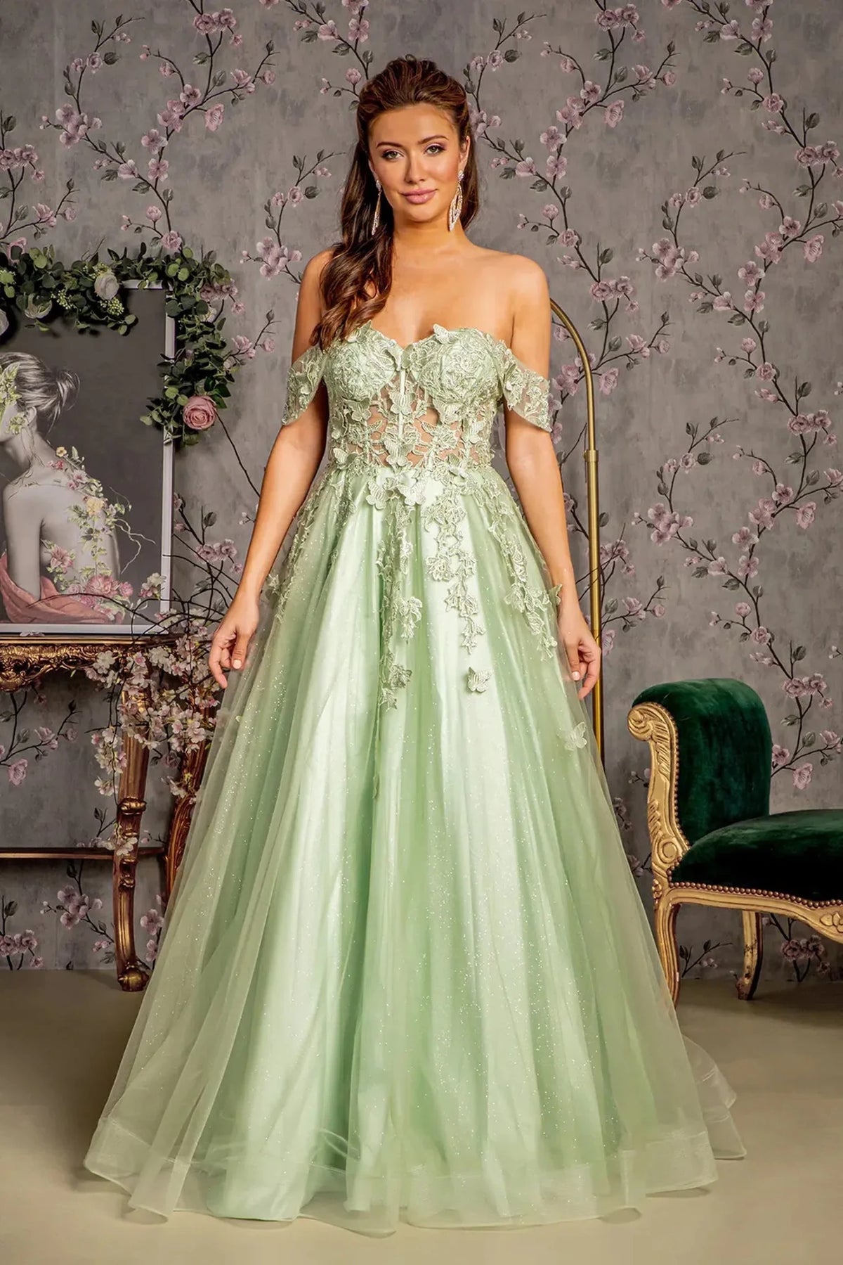 Sage appliqué off-shoulder prom evening dress full front