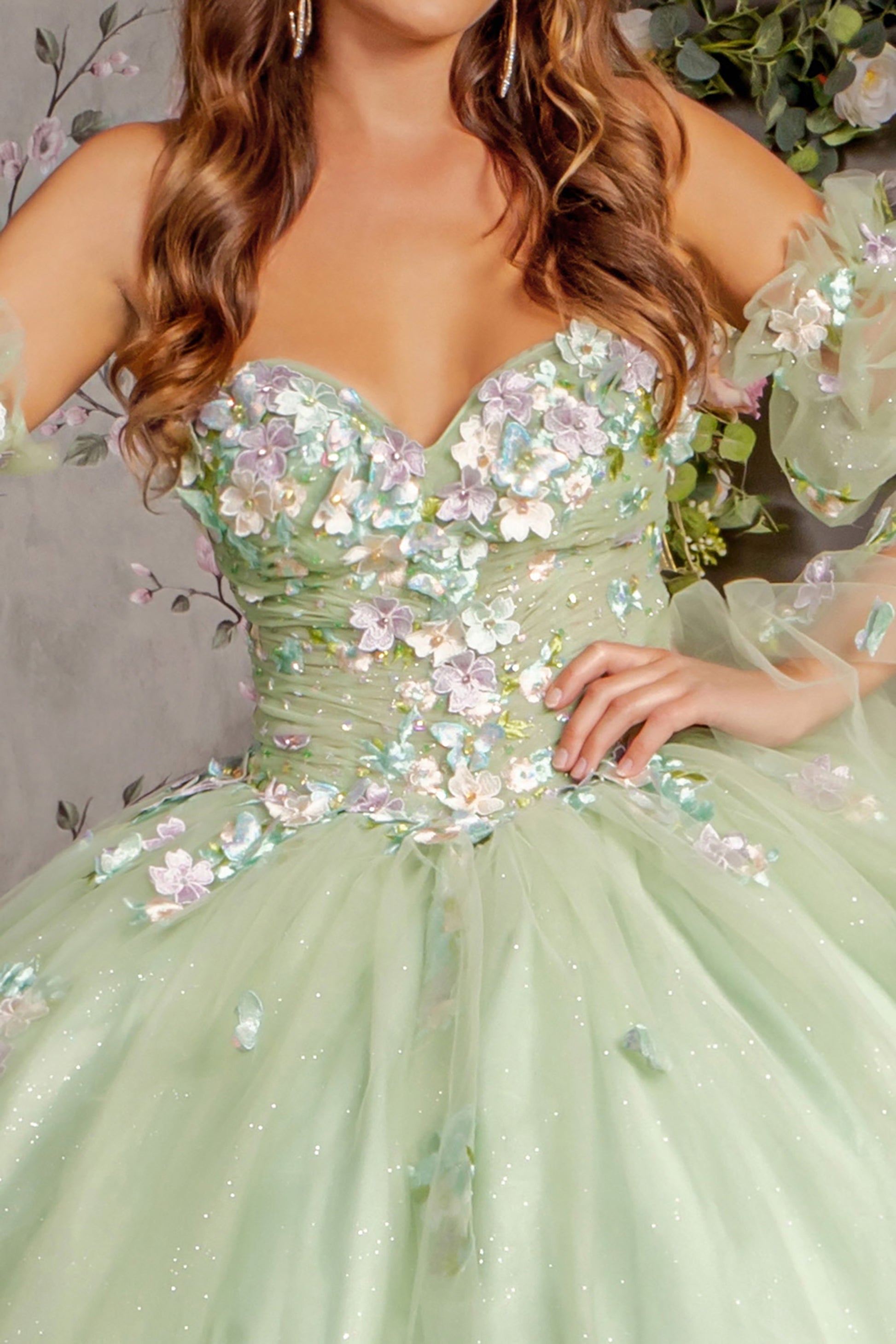 Quinceañera | Sage 3D Flower Ruched Bodice Mesh Quince Dress Ballgown with Long Puff Sleeves front top zoom