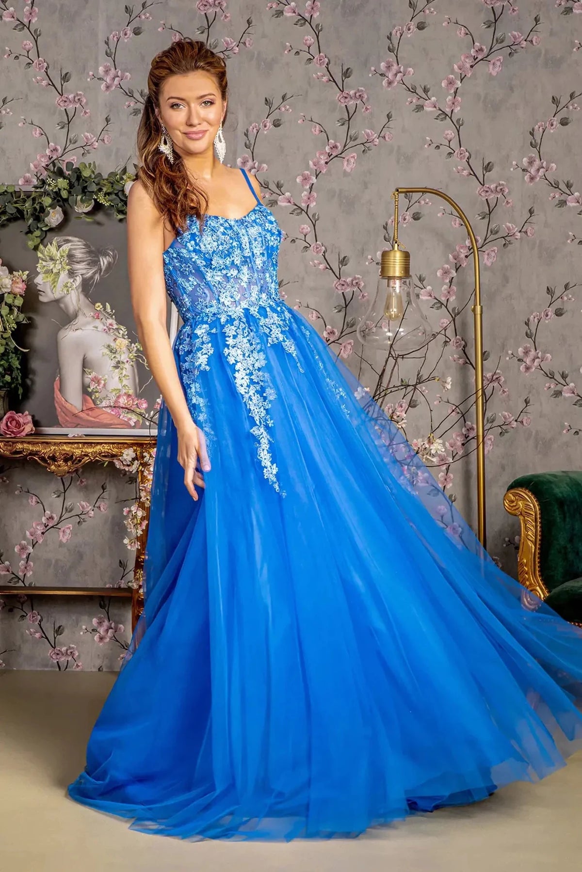 Royal Blue appliqué prom evening dress full front