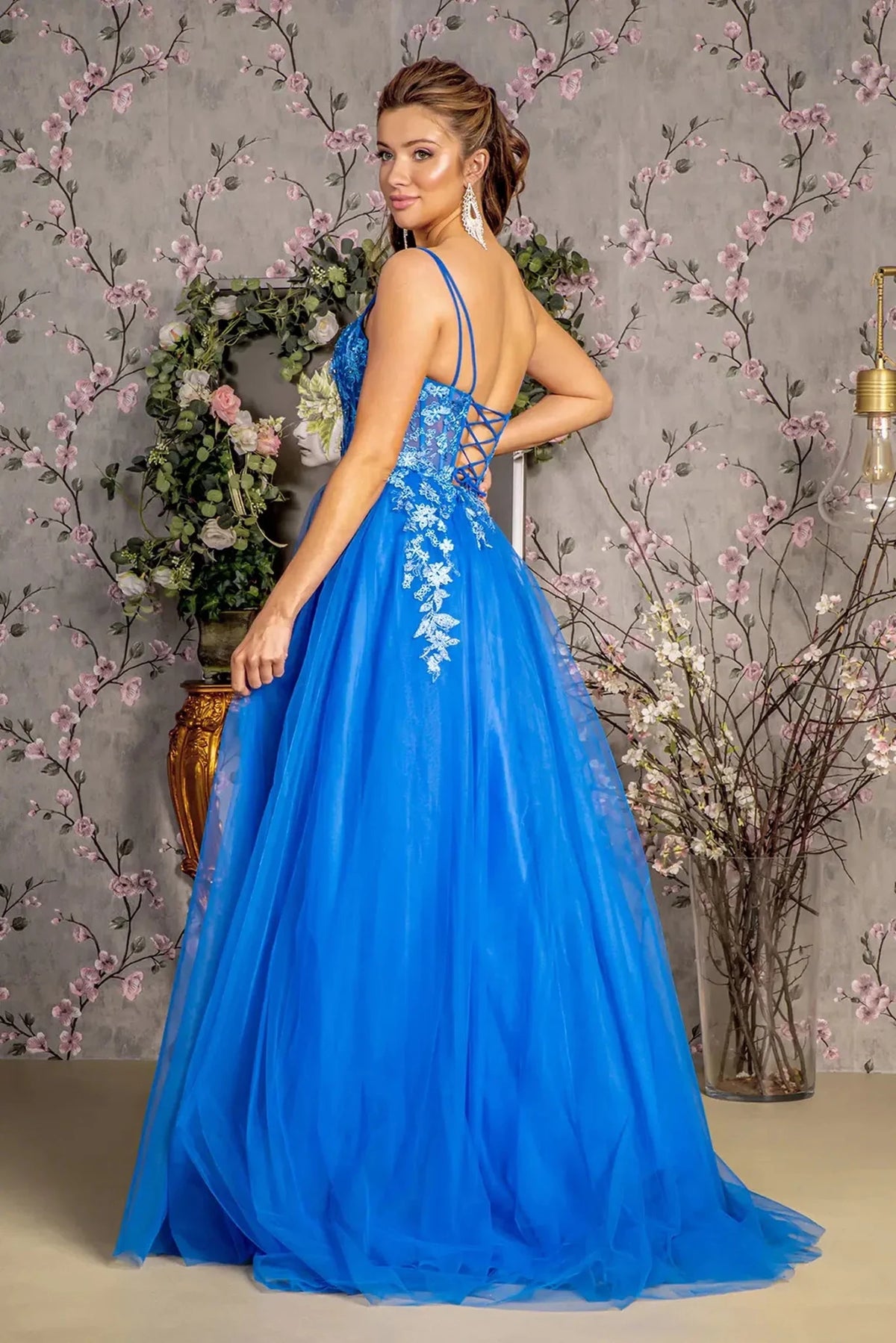 Royal Blue prom evening dress full back with lace-up back