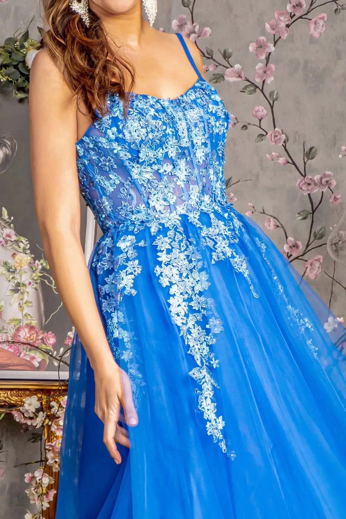 Royal Blue straight across prom evening dress upper front with applique, beads, embroidery, jewel