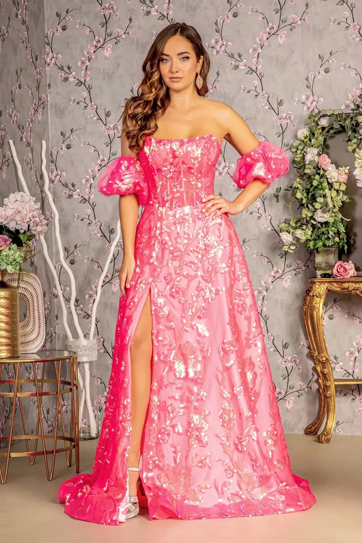 Hot Pink sequin strapless prom evening dress full front
