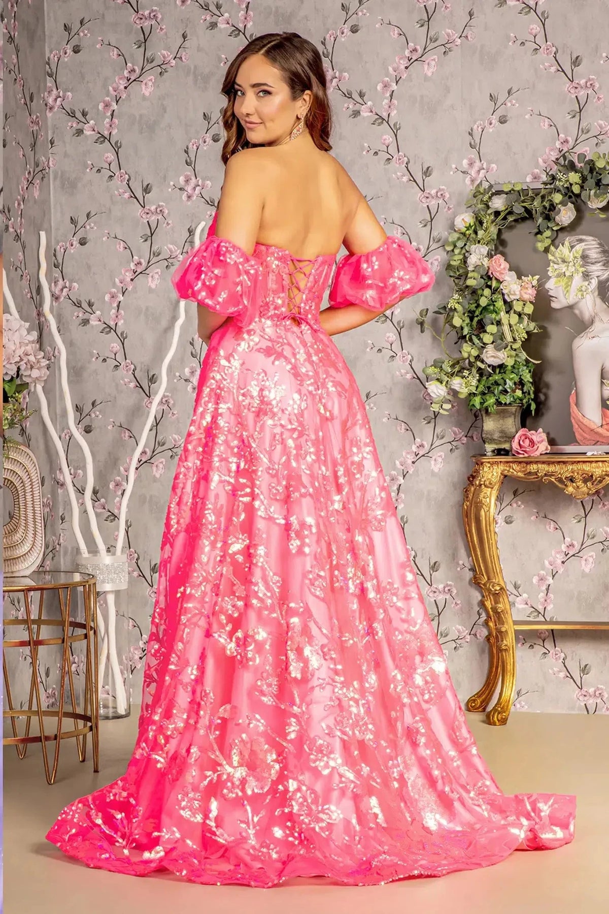 Hot Pink prom evening dress full back with lace-up back